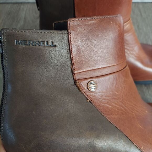 Merrell Veranda 2-tone Brown Leather Back Zip Up Ankle Mid Boots Women's 6.5 - Picture 8 of 10